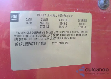 2007 Chevrolet Cobalt Lt z USA, uszkodzony, nr VIN 1G1AL15F477111188